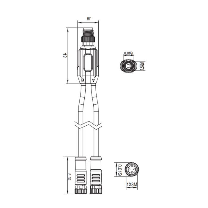 M8 4Pin male/2M8 3Pin female、Y-plug、 Pre cast PUR drag chain cable、Black sheathed 、63D321-XXX