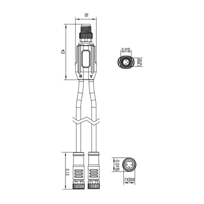 M8 3Pin male/2M8 3Pin female、Y-plug、 Pre cast PUR drag chain cable、Black sheathed 、63D341-XXX