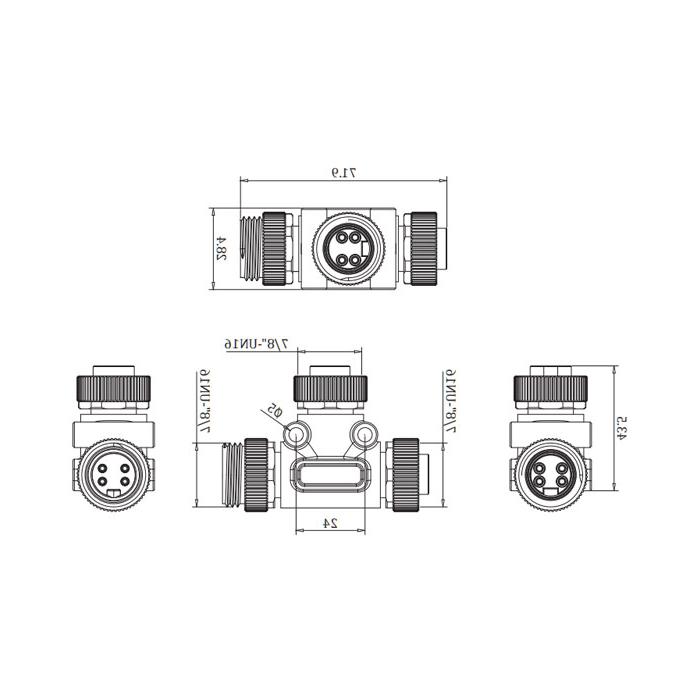  7/8" 4 Pin male/2x 7/8 "4 Pin female、T-shaped power supply tee、0PI444