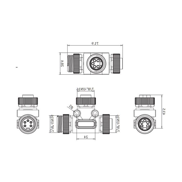  7/8" 5 Pin male/2x 7/8 "5 Pin female、T-shaped power supply tee、0PI555